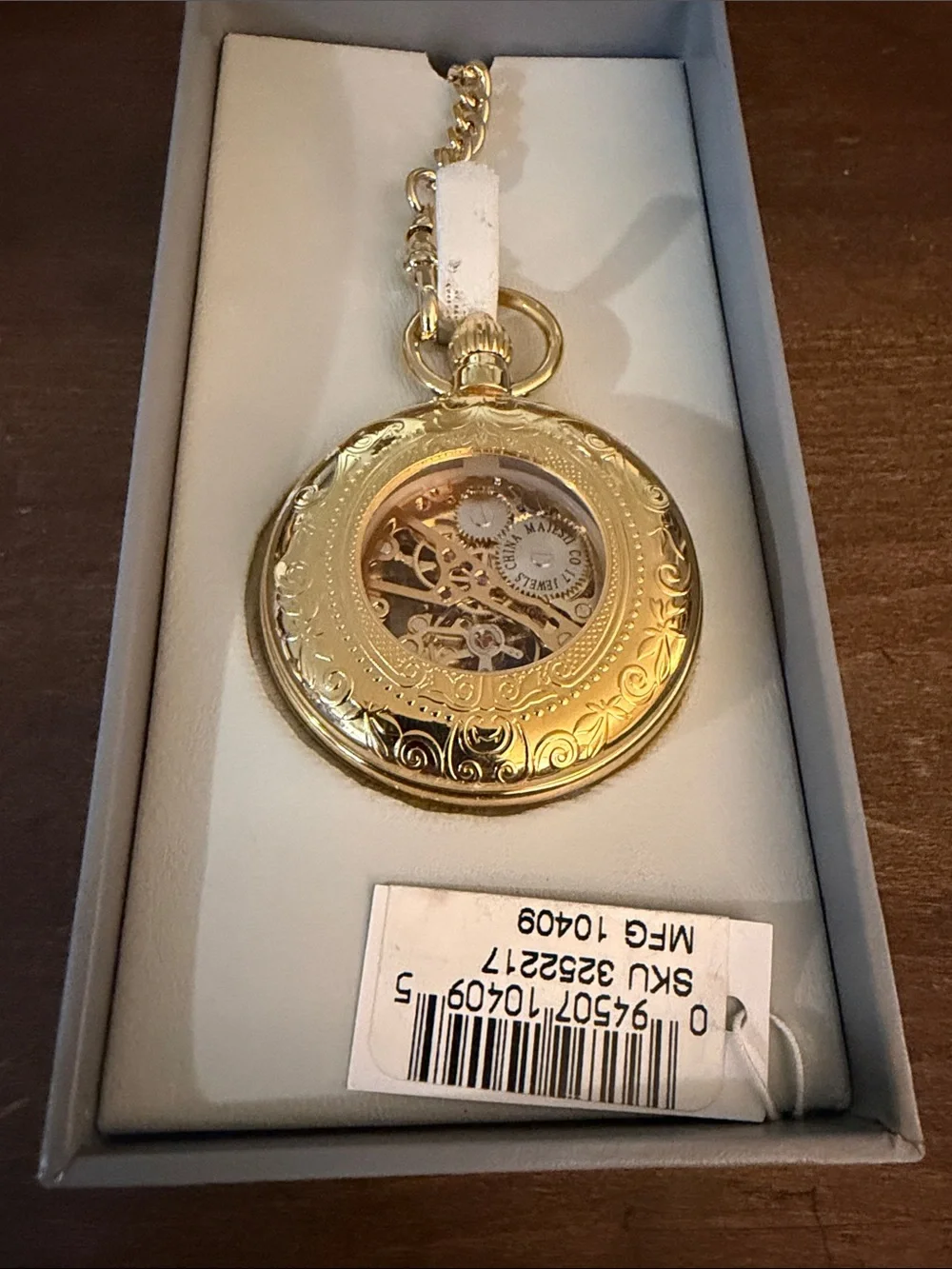 Majesti Gold Tone Skeleton Mechanical Pocket Watch w/ Chain Box & Papers